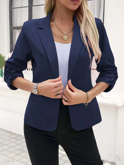 Women’s Blazer – Tailored Fit – Open Front – Three-Quarter Ruched Sleeves – Hip Length