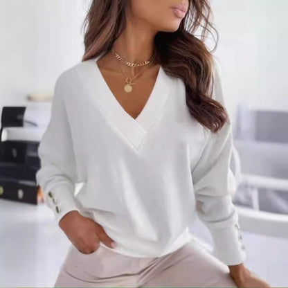 Women’s V-Neck Long Sleeve T-Shirt – Relaxed Fit – Soft Knit – Button Cuff Detail