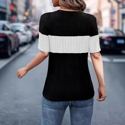 Women’s Short-Sleeve Top - Ribbed Knit - Relaxed Fit - Crew Neck - Colour Block