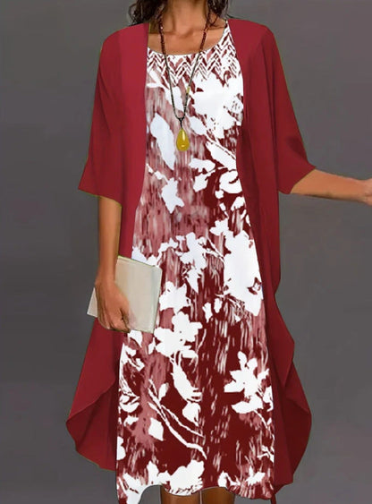 Women’s Dress Set – Relaxed Fit – Chiffon Sheer Overlay – Midi Length – Floral Layers