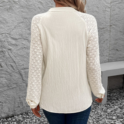 Women's Blouse - Relaxed Fit - V-Neck - Lace Sleeves