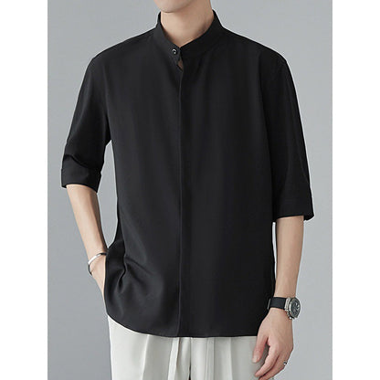 Men’s Long Sleeve Shirt – Relaxed Fit – Lightweight Drapey Fabric – Mandarin Collar