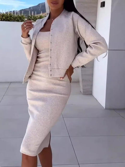 Women’s Two-Piece Set – Slim Fit Slip Dress with Oversized Button Jacket – Midi Length