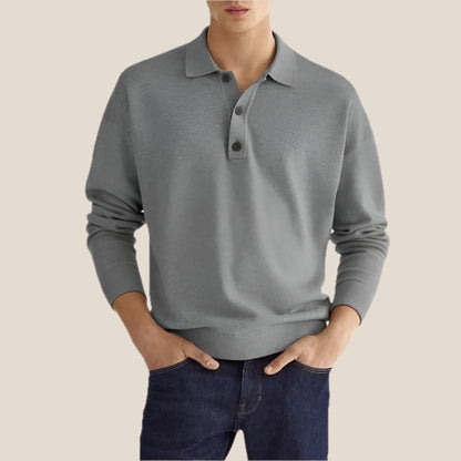 Men’s Polo Shirt – Soft Knit Cotton Blend – Classic Fit – Long Sleeve – Ribbed Cuffs