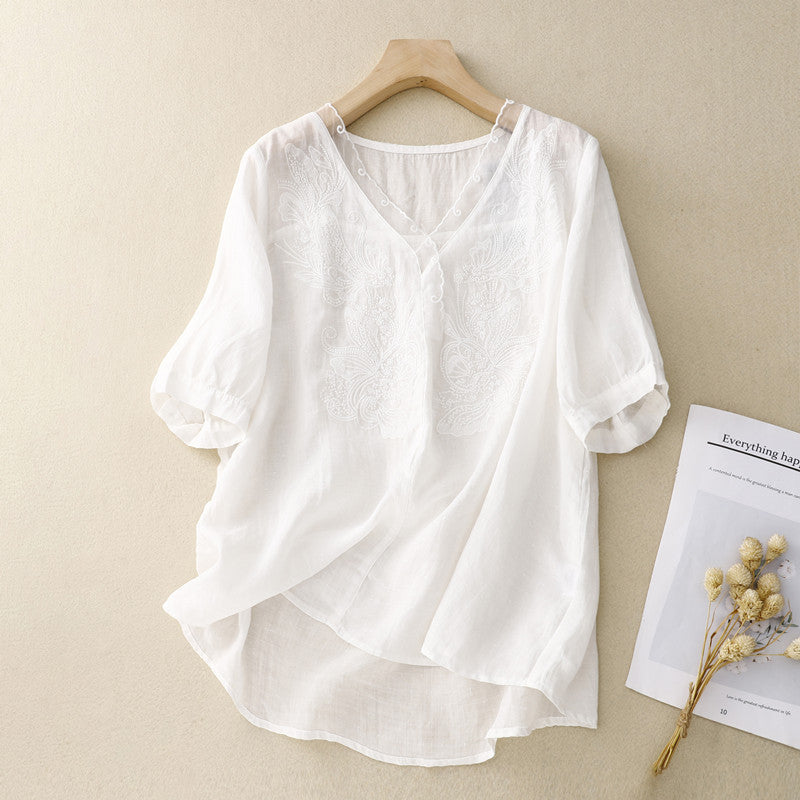 Women’s Short Sleeve Shirt – Loose Fit – V-Neck Embroidered – Breathable Blend