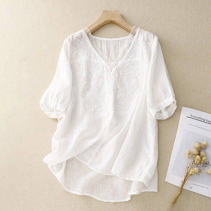 Women’s Short Sleeve Shirt – Loose Fit – V-Neck Embroidered – Breathable Blend