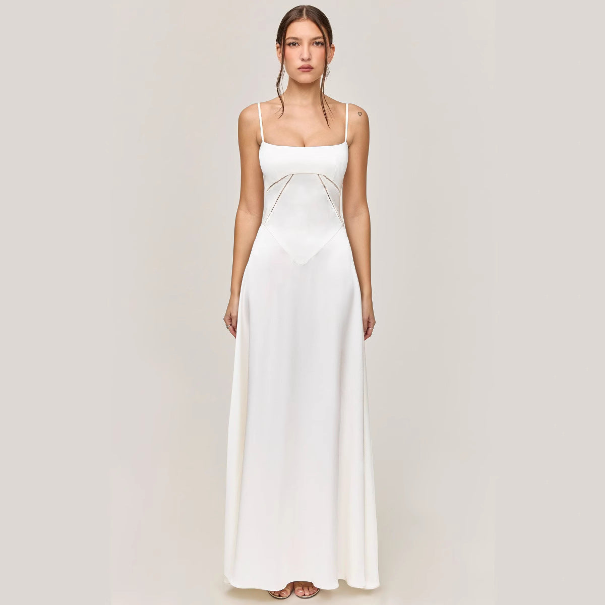 Women’s Midi Dress – Slim Fit – Satin Feel – Lace Panel – Spaghetti Straps – Cut-Out Detail