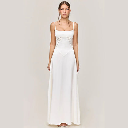 Women’s Midi Dress – Slim Fit – Satin Feel – Lace Panel – Spaghetti Straps – Cut-Out Detail