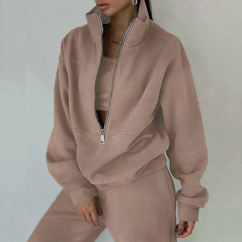 Women’s Tracksuit Set – Relaxed Fit – Half-Zip Pullover – Crop Layer – Full-Length Pants
