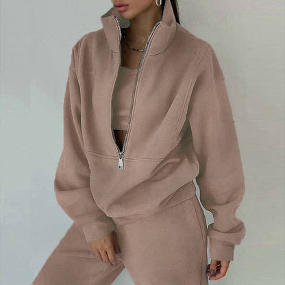 Women’s Tracksuit Set – Relaxed Fit – Half-Zip Pullover – Crop Layer – Full-Length Pants