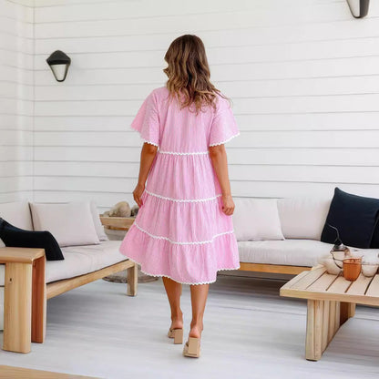 Women’s Midi Dress – V-Neck – Loose Fit – Tiered with Lace Trim – Short Sleeve Cotton