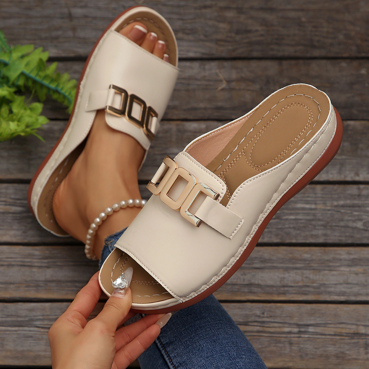 Women’s Platform Sandals – Slip-On Design – Open Toe – Wide Strap – Metallic Accent
