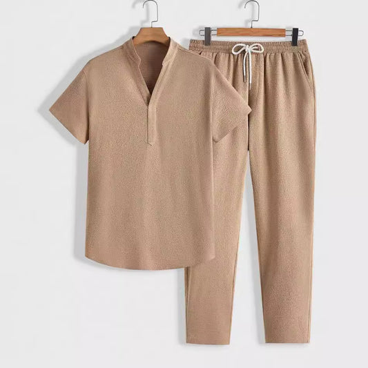 Men’s Athletic Set – Breathable Knit – Relaxed Fit – Short Sleeve Top & Drawstring Pants