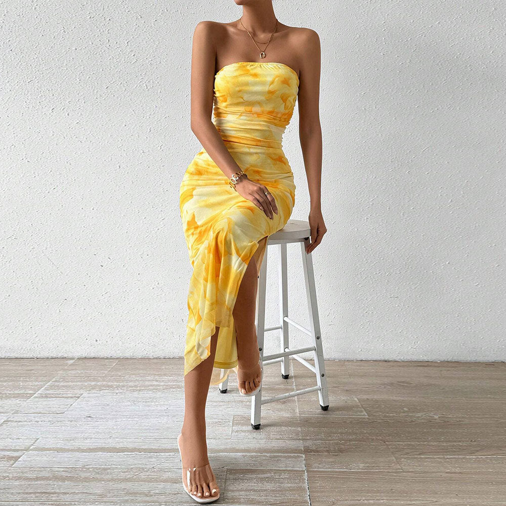 Women’s Maxi Dress – Strapless Slim Fit – Mesh Overlay – Side Slit Draped Design