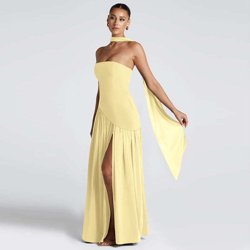 Women’s Evening Dress – Strapless Asymmetrical Bodice – Flowy Skirt – Side Slit