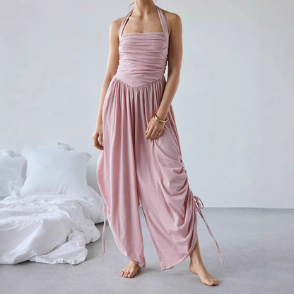 Women’s Halter Jumpsuit – Ruched Bodice – Draped Wide Leg – Adjustable Side Ties