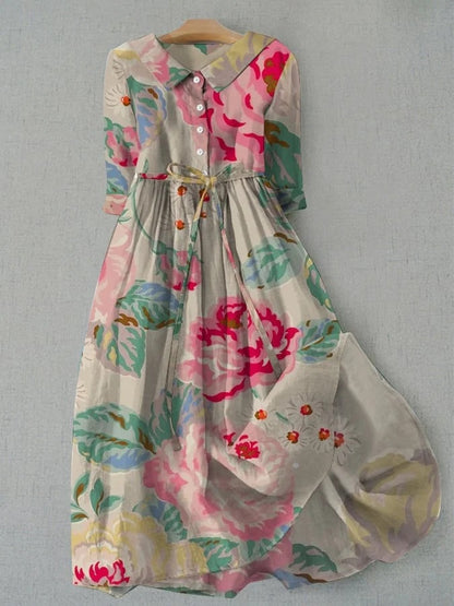 Women’s Midi Dress – Vintage Floral Print – Relaxed Fit – Belted Waist – 3/4 Sleeve
