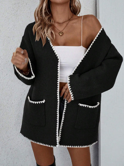 Women’s Knitted Cardigan – Oversized Fit – Open Front – Ribbed Trim – Mid-Thigh Length