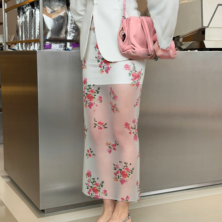 Women’s Midi Skirt – High Waist – Sheer Floral – Straight Fit