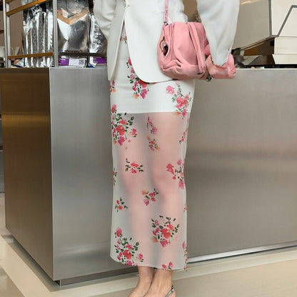 Women’s Midi Skirt – High Waist – Sheer Floral – Straight Fit