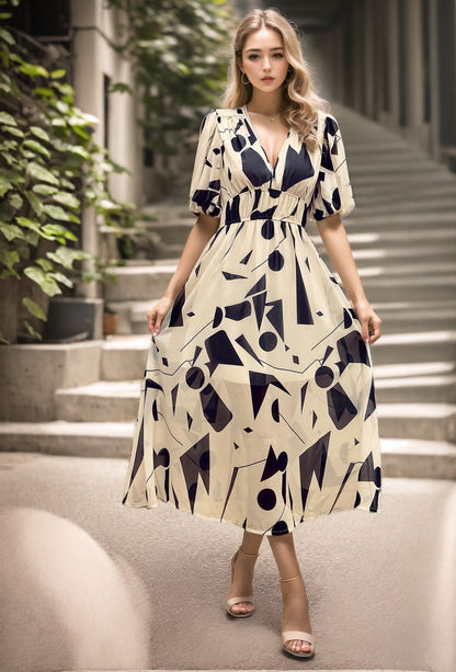 Women’s Midi Dress – Fitted Waist – V-Neck – Puff Sleeves – Breathable Blend – Printed