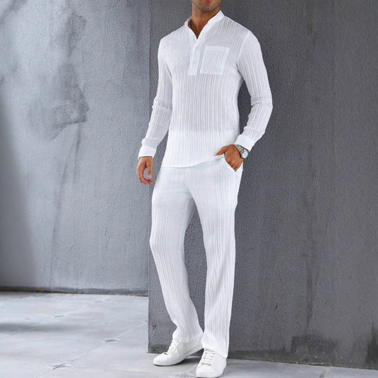 Men’s Shirt and Pants Set – Slim Fit – Ribbed Texture – Lightweight Breathable Fabric