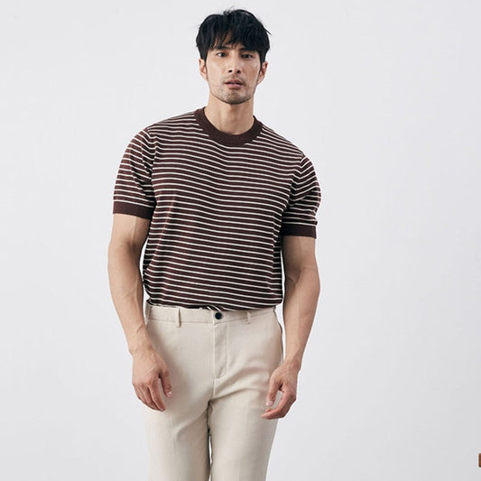 Men’s T-shirt – Slim Fit – Knit Cotton Blend – Horizontal Stripe – Ribbed Trim