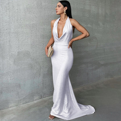 Women’s Maxi Dress – Satin Feel – Slim Fit – Halter Neck – Plunging Open Back