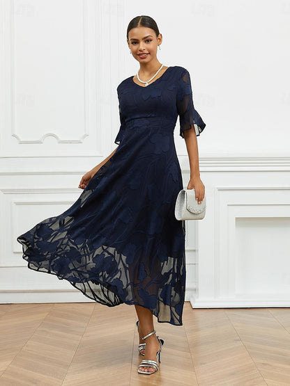 Women’s Maxi Dress – Lace Floral – V-Neck – Flutter Sleeve – Semi-Formal Fit