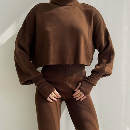 Women’s Lounge Set – Soft Knit Relaxed Fit – High Neck Crop Top – Wide Leg Pants