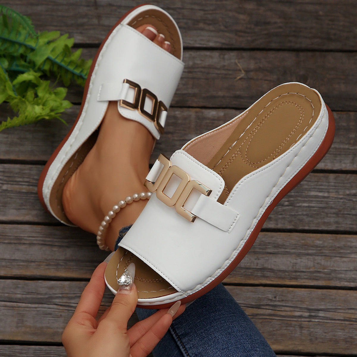 Women’s Platform Sandals – Slip-On Design – Open Toe – Wide Strap – Metallic Accent