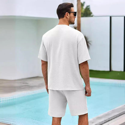 Men’s Two-Piece Set – Cotton Relaxed Fit V-Neck Shirt and Elastic Waist Shorts