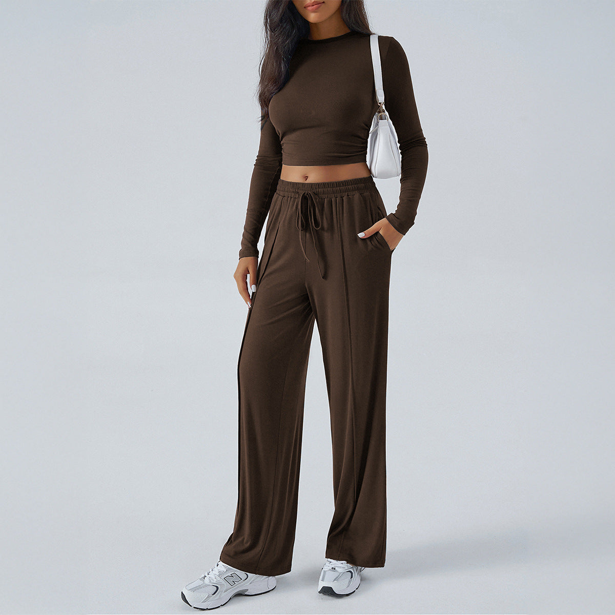 Women’s Two-Piece Set – Cropped Slim Fit Top – High-Waist Wide-Leg Pants