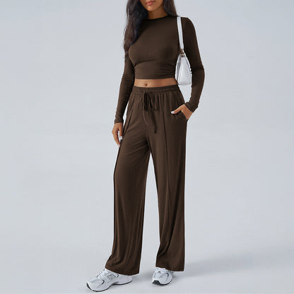 Women’s Two-Piece Set – Cropped Slim Fit Top – High-Waist Wide-Leg Pants