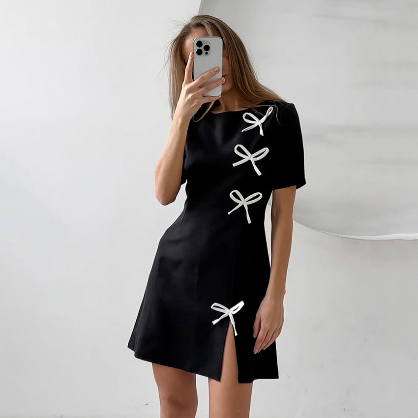 Women’s A-Line Dress – Mini Length – Short Sleeve – Bow Detail – Elegant Fit