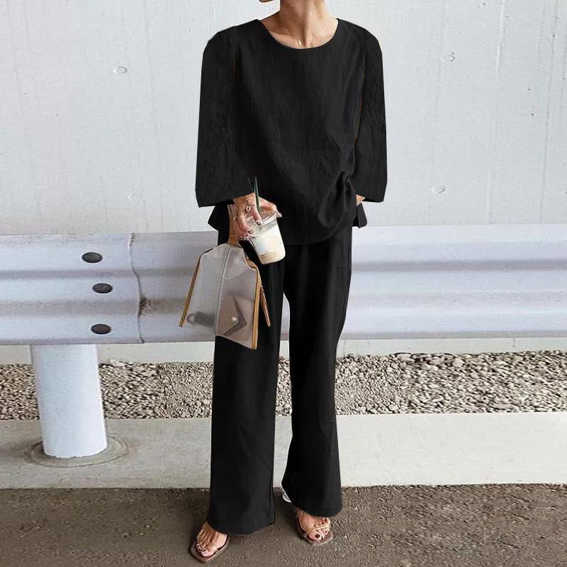 Women’s Two-Piece Set – Linen Fabric – Relaxed Fit – Long Sleeve Top – Wide Leg Pants