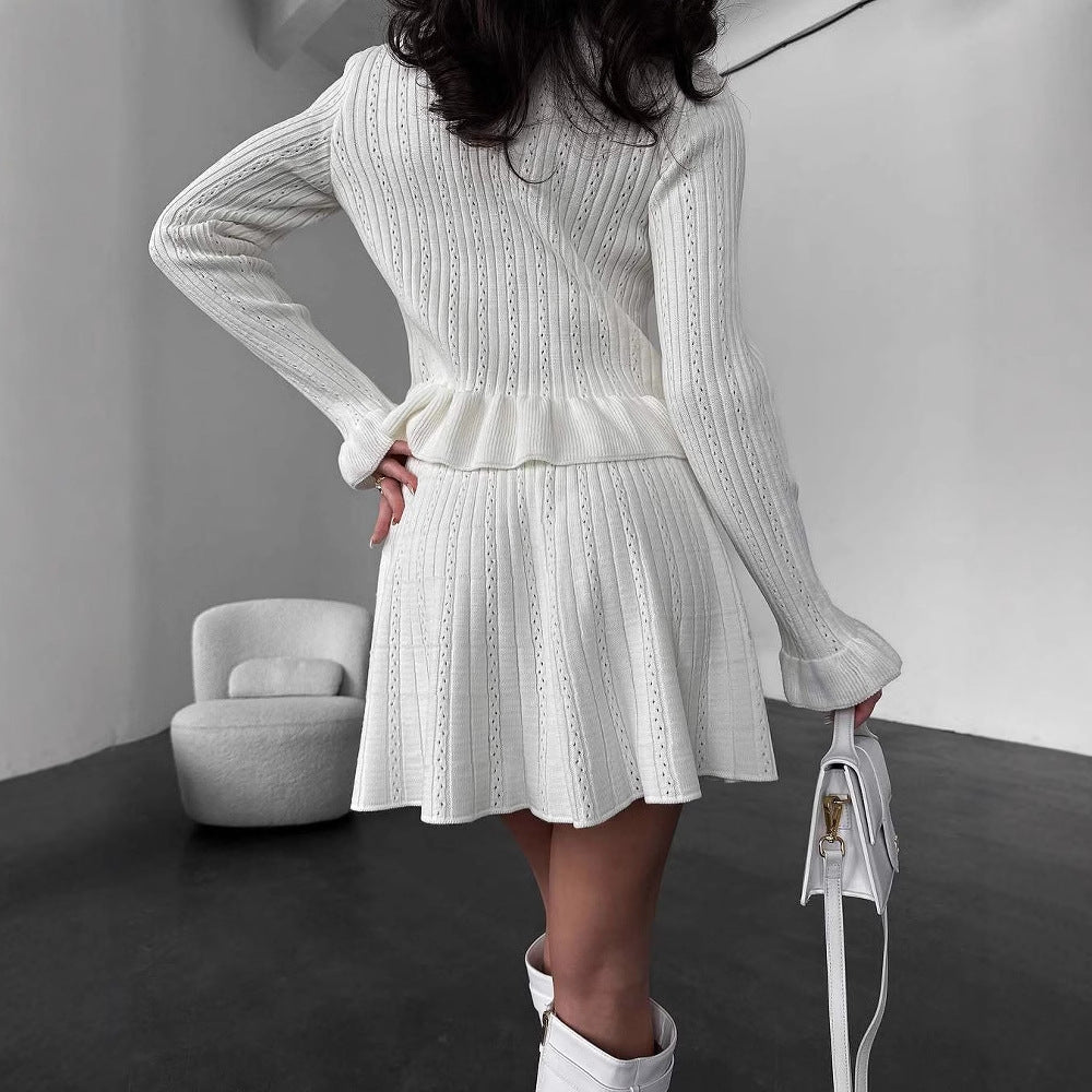 Women’s Knit Set – V-Neck Button Top – Ribbed Soft Knit – Flared Mini Skirt