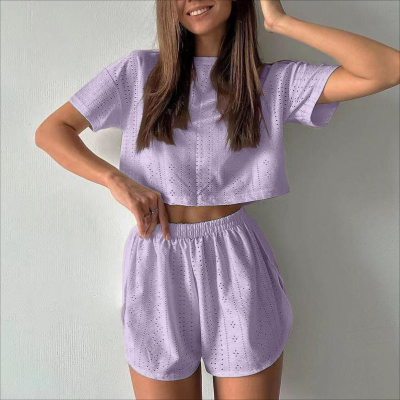 Women’s Two-Piece Set – Cotton Blend – Relaxed Fit – Perforated Crop Top & Shorts