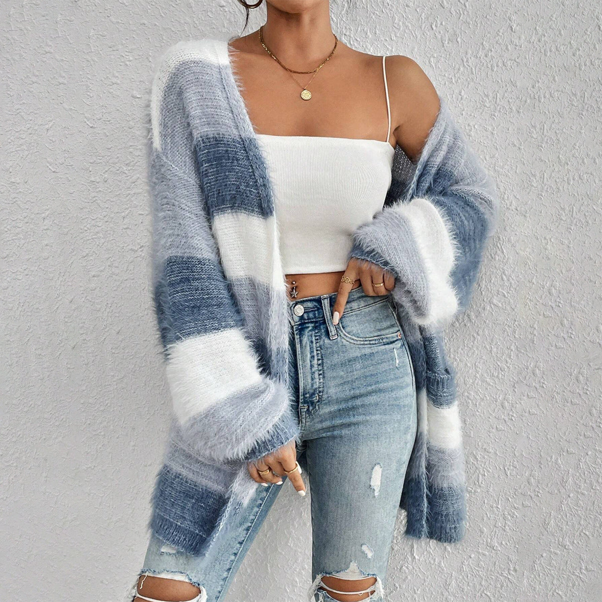 Women’s Knit Cardigan – Oversized Fit – Plush Texture – Open Front – Striped Long Sleeve