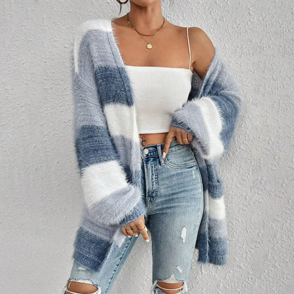 Women’s Knit Cardigan – Oversized Fit – Plush Texture – Open Front – Striped Long Sleeve