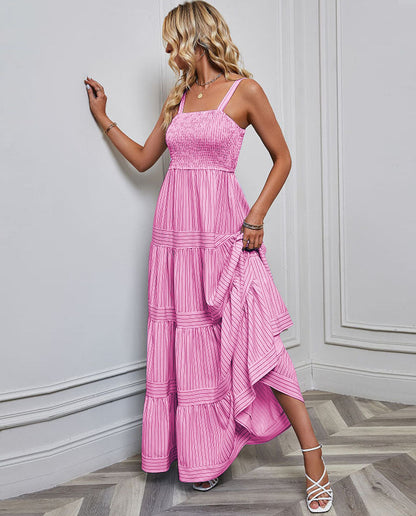 Women’s Sundress – Smocked Bodice – Tiered Maxi Skirt – Lightweight Cotton Blend – Spaghetti Straps
