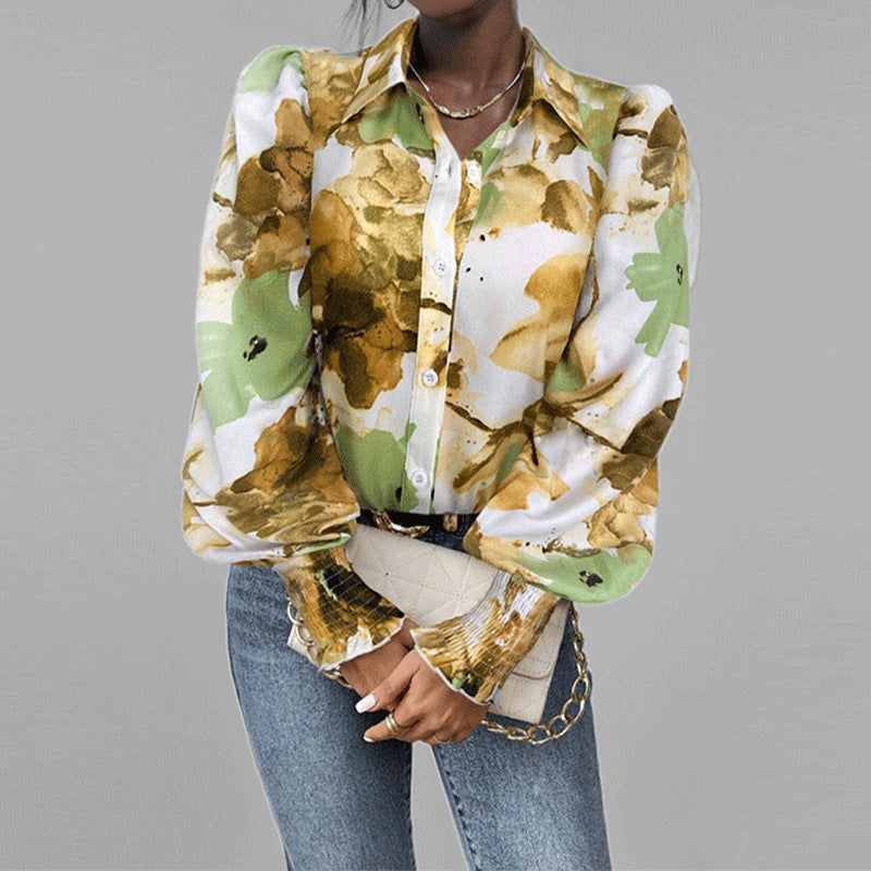 Women’s Button-Down Shirt – Oversized Fit – Puff Sleeves – Floral Print – Smocked Cuffs