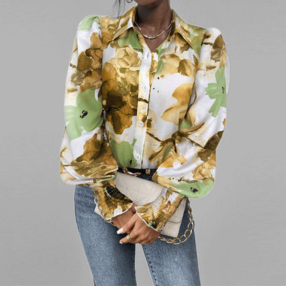 Women’s Button-Down Shirt – Oversized Fit – Puff Sleeves – Floral Print – Smocked Cuffs