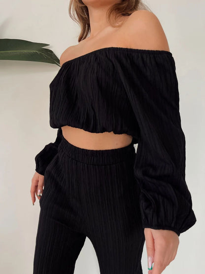 Women’s Two-Piece Set – Off-Shoulder Crop Top – Wide-Leg High-Waist Pants – Breathable Fabric