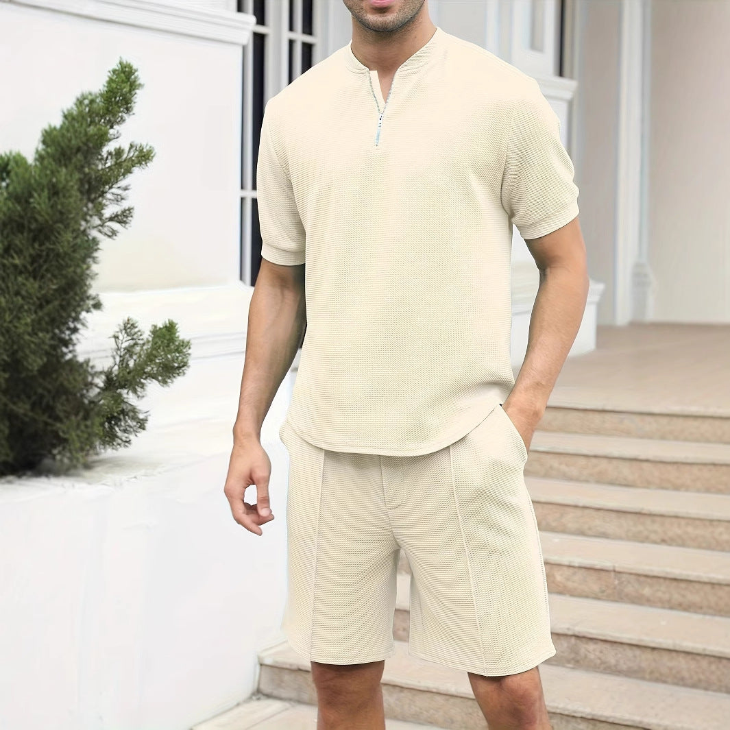 Men’s Matching Set – Waffle Knit Zip-Up Top and Shorts – Relaxed Fit – Breathable