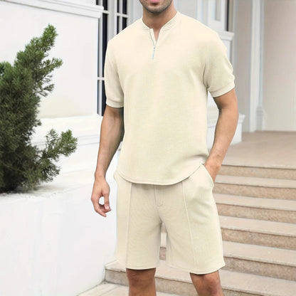 Men’s Matching Set – Waffle Knit Zip-Up Top and Shorts – Relaxed Fit – Breathable