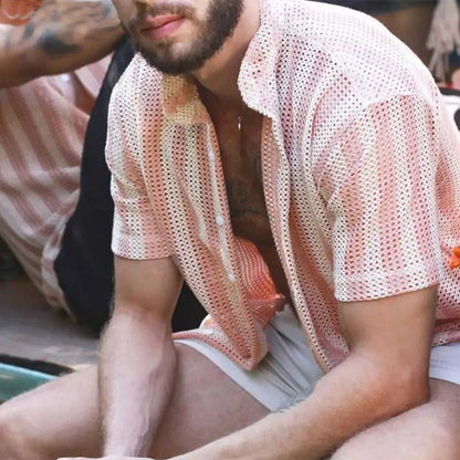 Men’s Mesh Shirt – Relaxed Fit – Short Sleeve – Button-Up – Breathable Grid Style