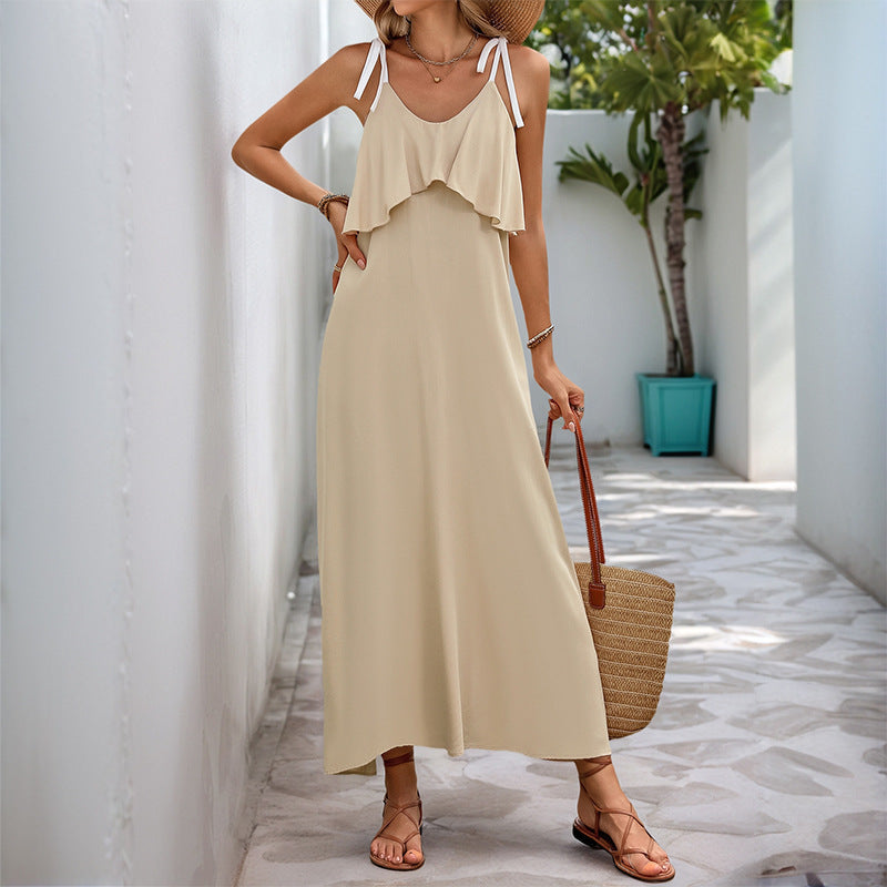 Women’s Sleeveless Dress – Loose Fit – Tie Straps – Ruffle Detail – Full Length Casual Wear