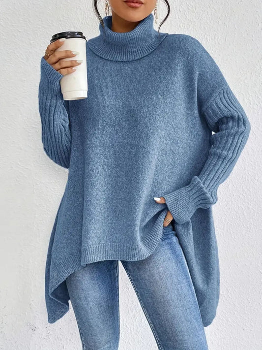 Women’s Turtleneck Sweater – Oversized Fit – Knitted Wool Blend – Asymmetrical Hem