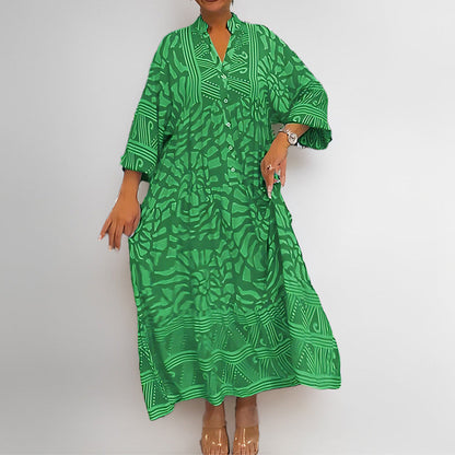 Women’s Midi Dress – Relaxed Fit – Cotton – Abstract Print – 3/4 Sleeve – Button Front